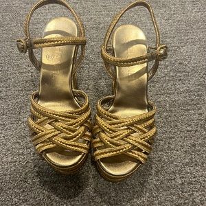 Chanel gold woven wedge